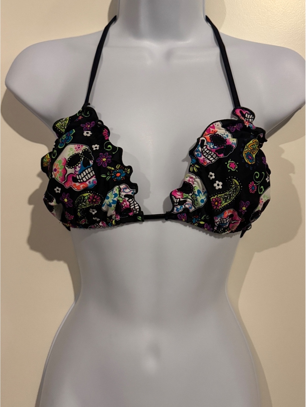 Black Halter Bikini Top with Colorful Sugar Skull and Floral Print